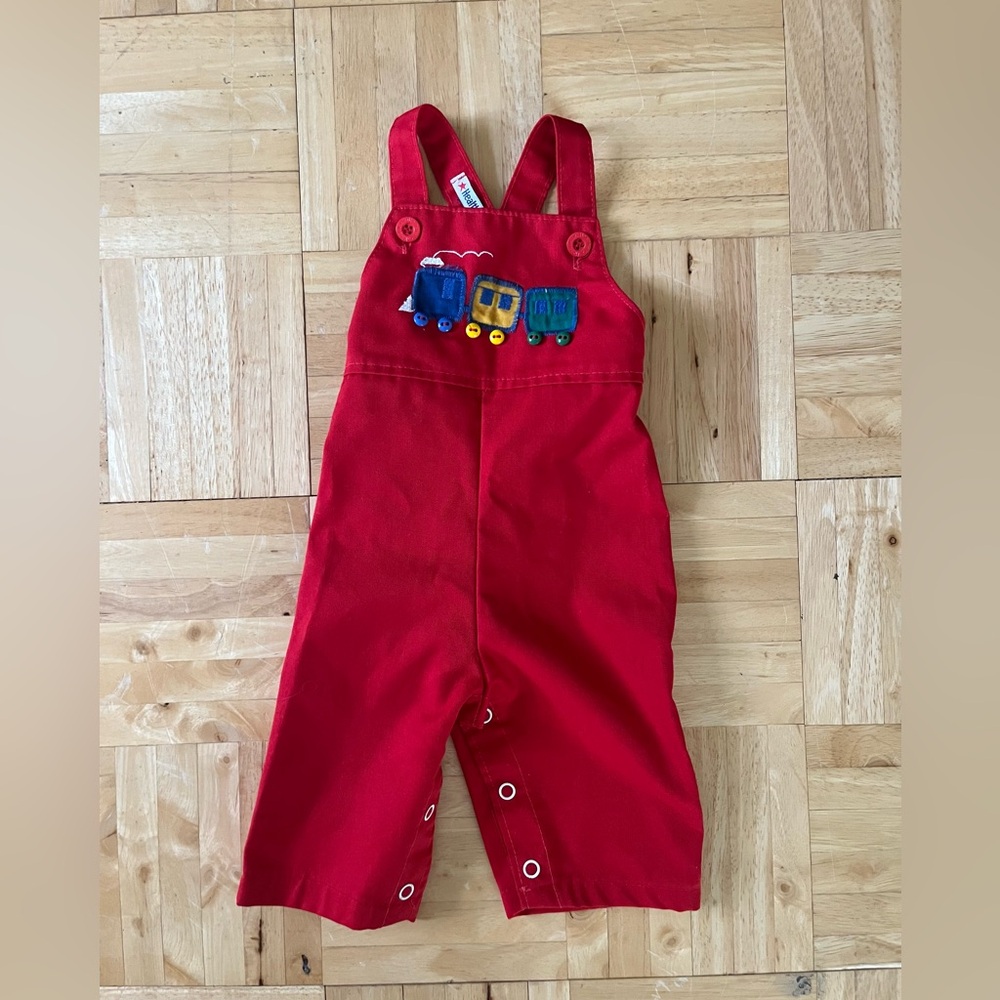 Vintage Healthtex Red Baby Overalls with Embroidered Train Design